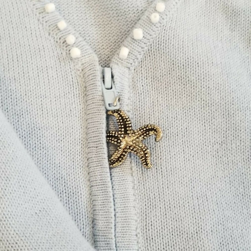 Vintage 90s Light Blue Cardigan Thin Full Zip Embellished Stars Nautical Sz L - Picture 4 of 10